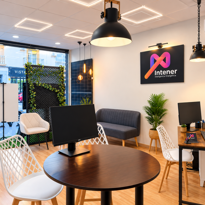 Oficina moderna con branding Intener y plantas frescas